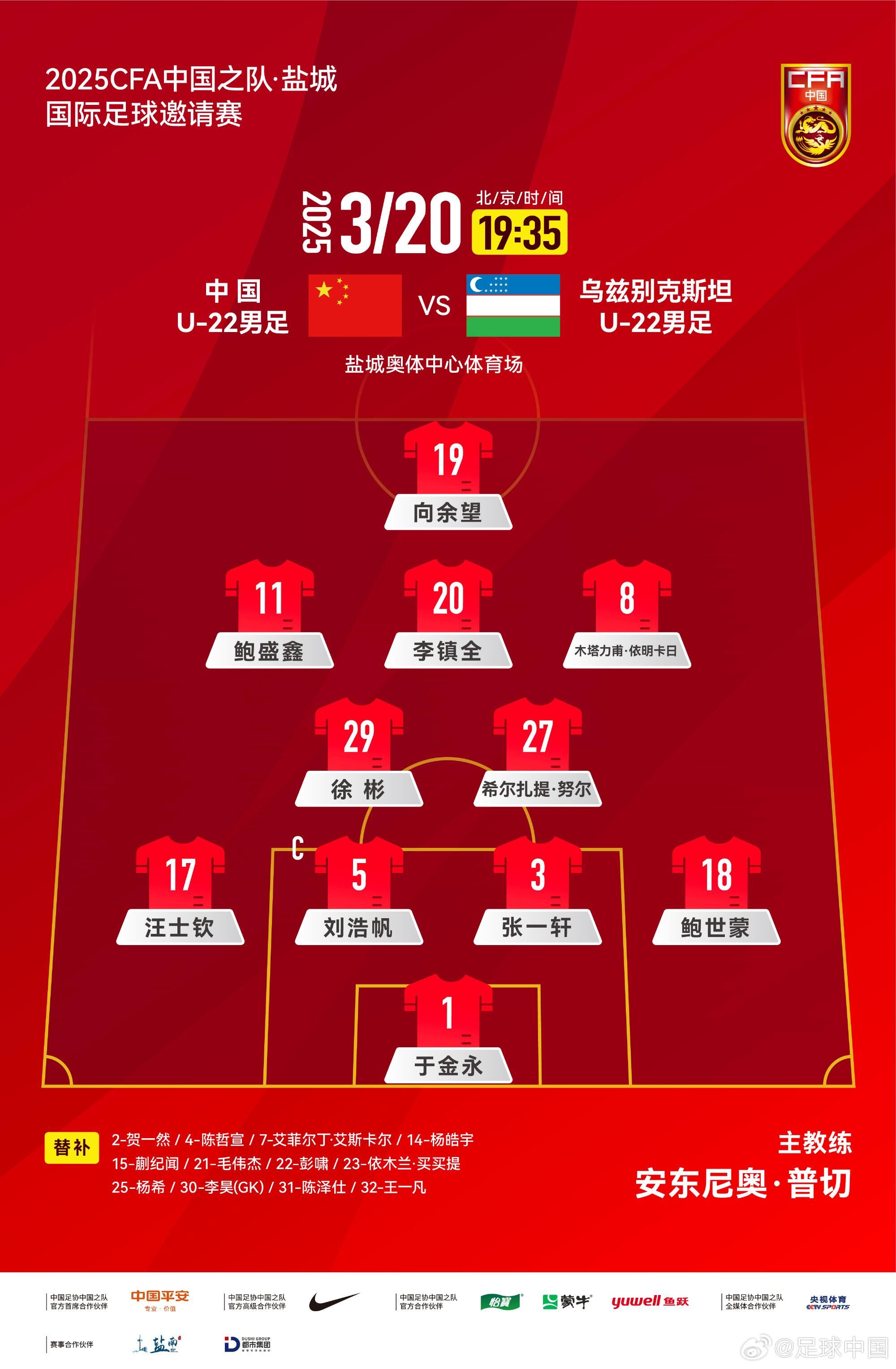 中國U-22男足VS烏茲別克斯坦U-22男足，中國隊首發(fā)名單出爐
